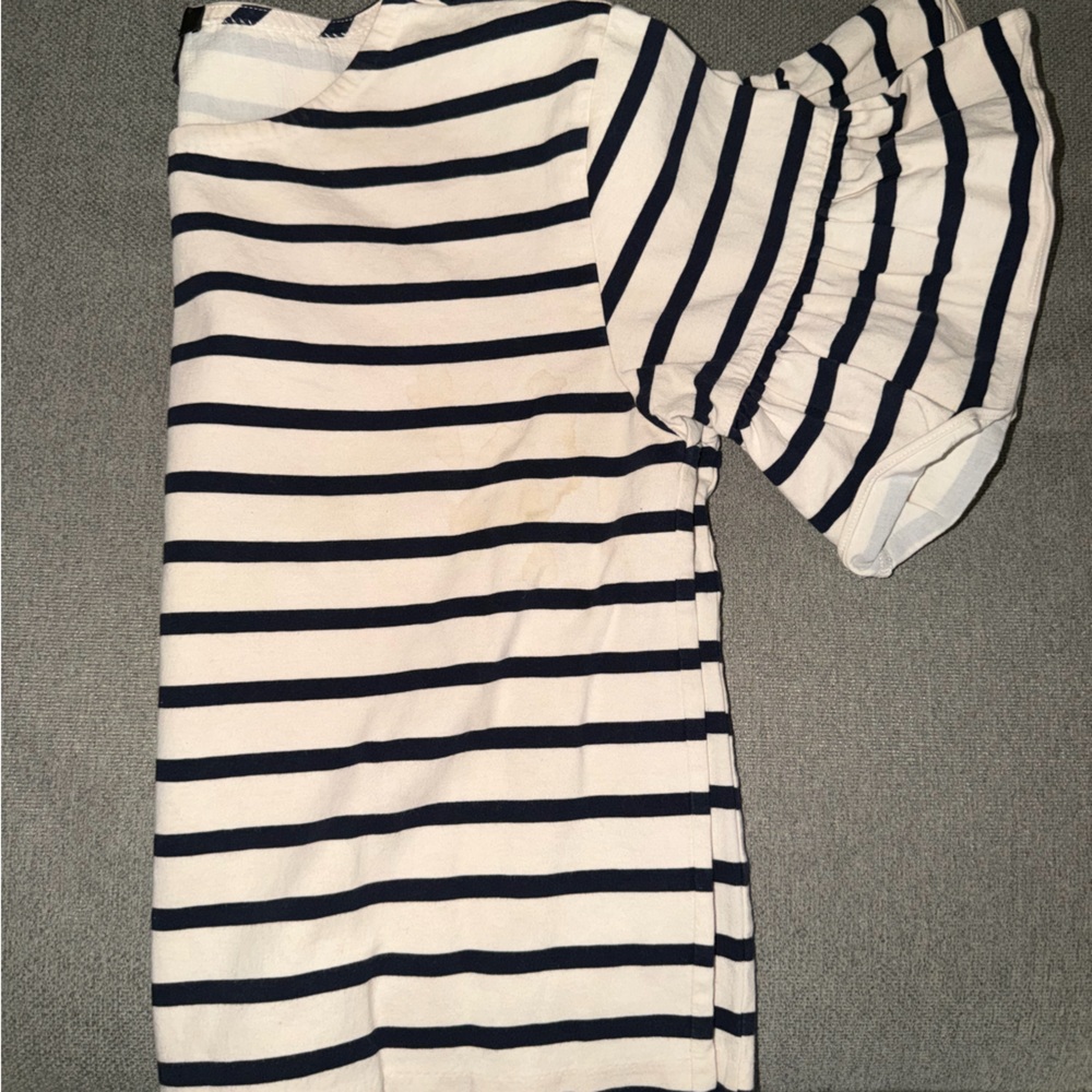 J. Crew White and Navy Striped Short Sleeve Ruffle Tee